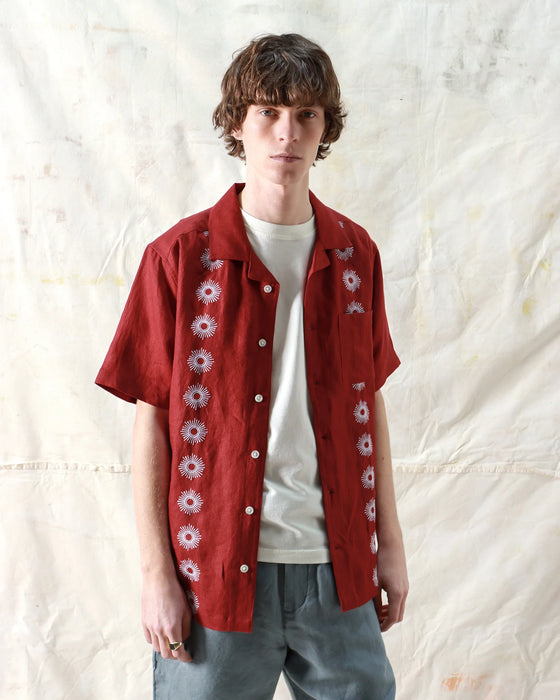 STACHIO SS SHIRT SOL STRIPE DEEP RED LINEN