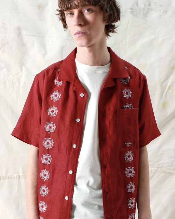 STACHIO SS SHIRT SOL STRIPE DEEP RED LINEN