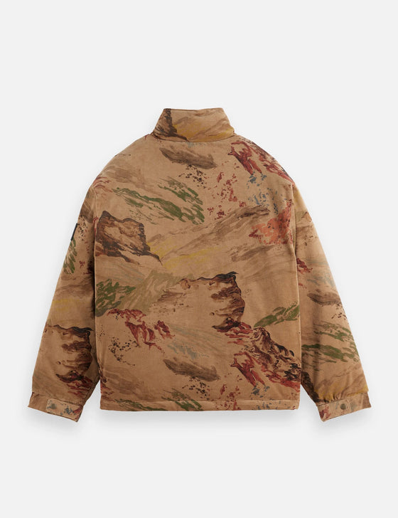 MOUNTAIN PRINT CORDUROY PUFFER JACKET BEIGE