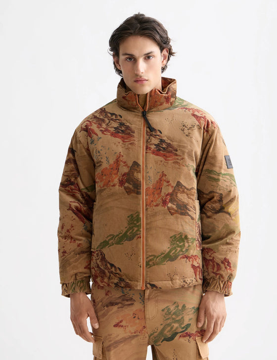 MOUNTAIN PRINT CORDUROY PUFFER JACKET BEIGE