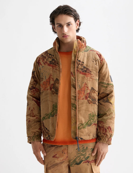 MOUNTAIN PRINT CORDUROY PUFFER JACKET BEIGE