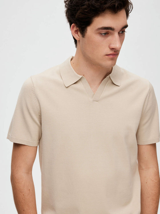 TELLER KNITTED OPEN COLLAR S/S POLO OATMEAL